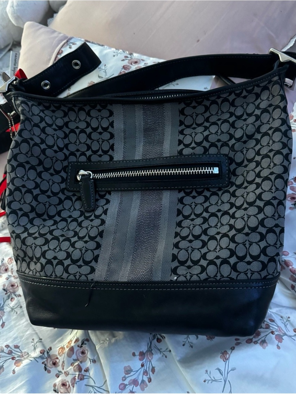 Coach Black Signature Stripe Shoulder Bag with Red Ribbon Accent - Picture 2 of 3
